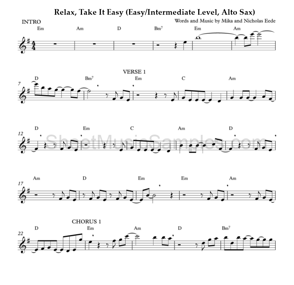 Relax, Take It Easy (Easy/Intermediate Level, Alto Sax)