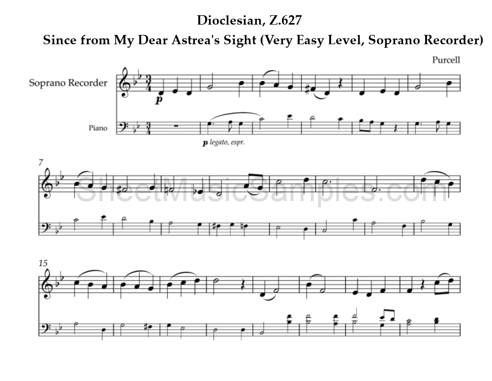 Dioclesian, Z.627 - Since from My Dear Astrea's Sight (Very Easy Level, Soprano Recorder)