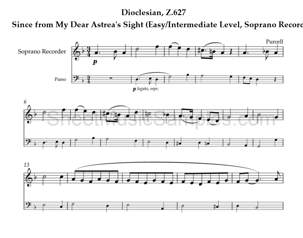 Dioclesian, Z.627 - Since from My Dear Astrea's Sight (Easy/Intermediate Level, Soprano Recorder)