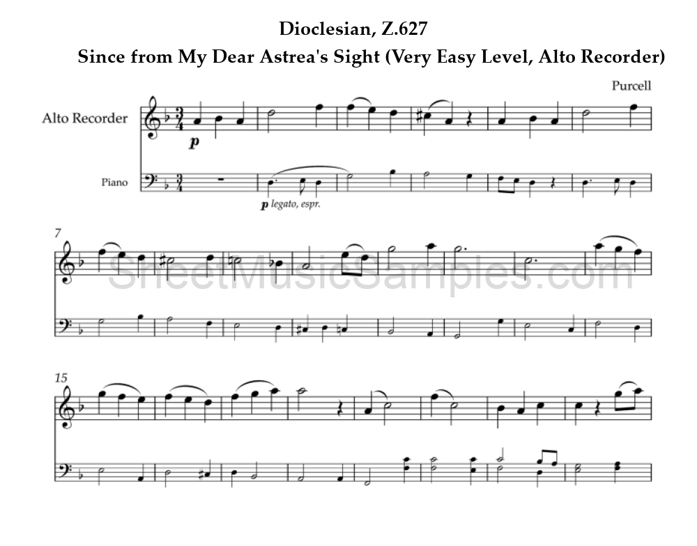 Dioclesian, Z.627 - Since from My Dear Astrea's Sight (Very Easy Level, Alto Recorder)