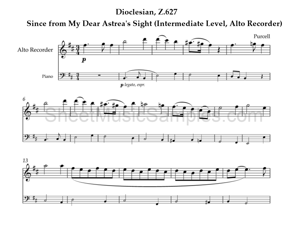 Dioclesian, Z.627 - Since from My Dear Astrea's Sight (Intermediate Level, Alto Recorder)