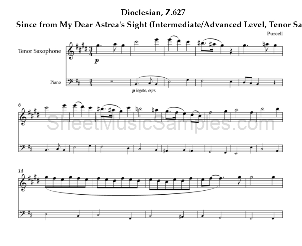 Dioclesian, Z.627 - Since from My Dear Astrea's Sight (Intermediate/Advanced Level, Tenor Sax)