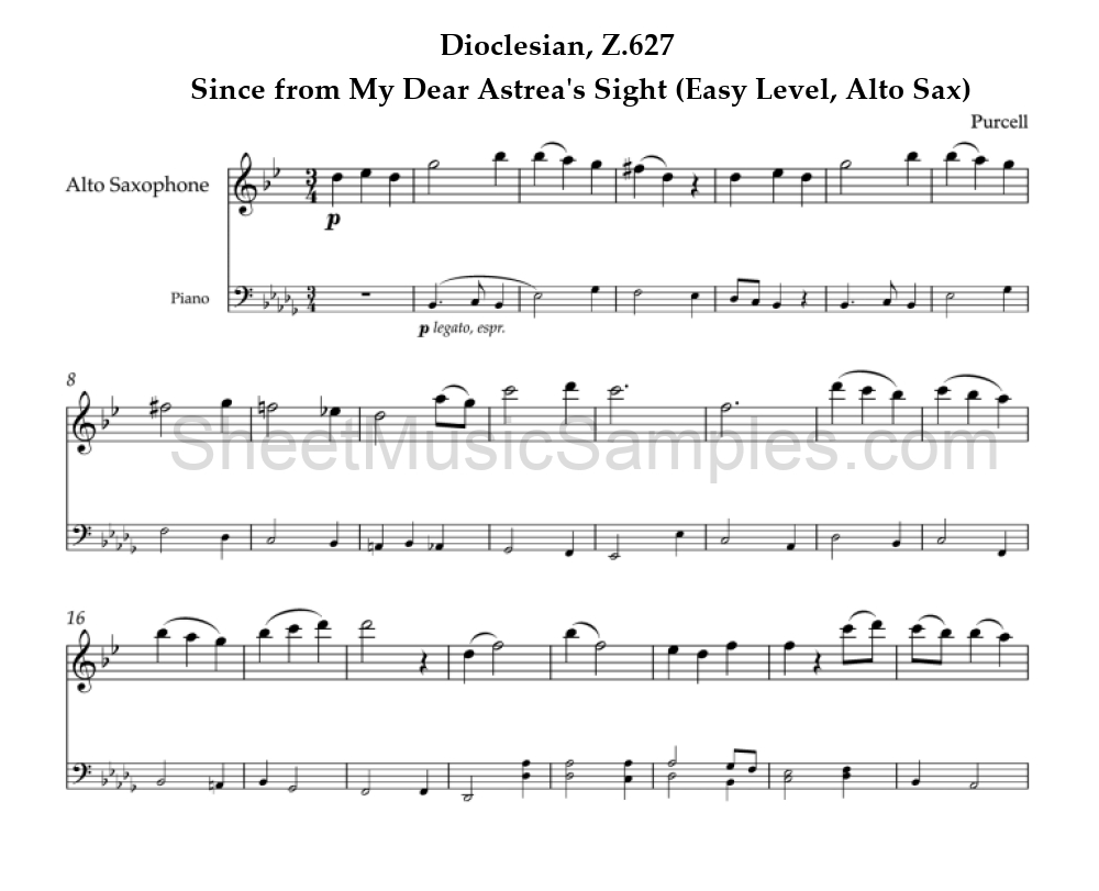 Dioclesian, Z.627 - Since from My Dear Astrea's Sight (Easy Level, Alto Sax)