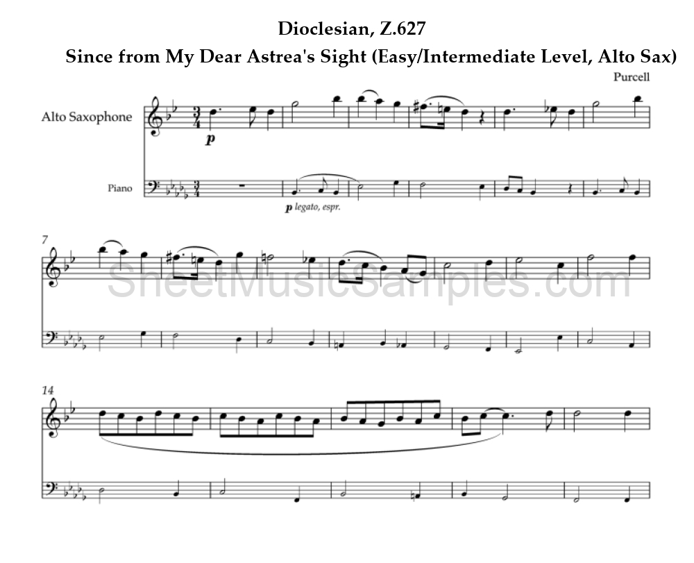 Dioclesian, Z.627 - Since from My Dear Astrea's Sight (Easy/Intermediate Level, Alto Sax)