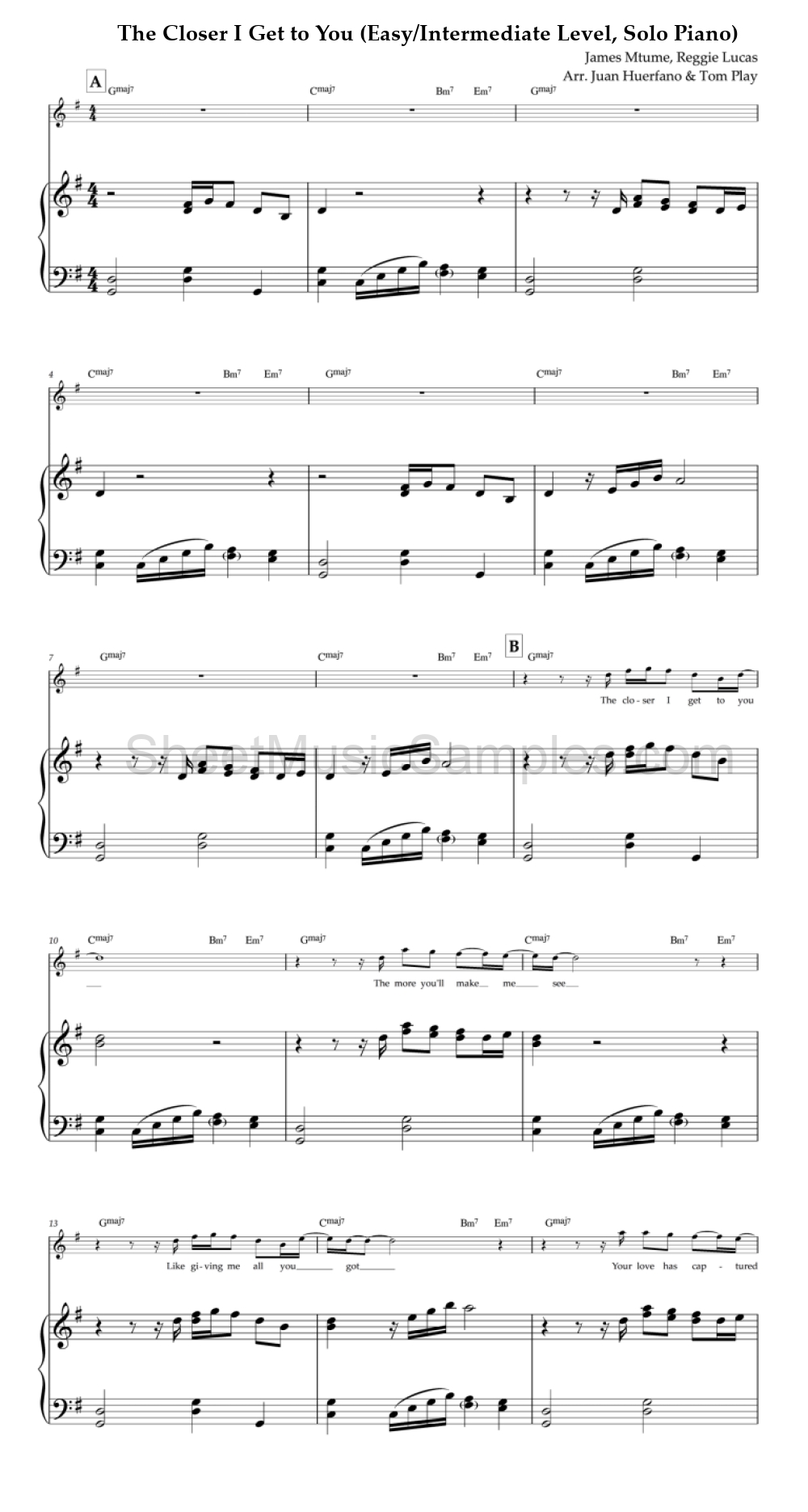 The Closer I Get to You (Easy/Intermediate Level, Solo Piano)