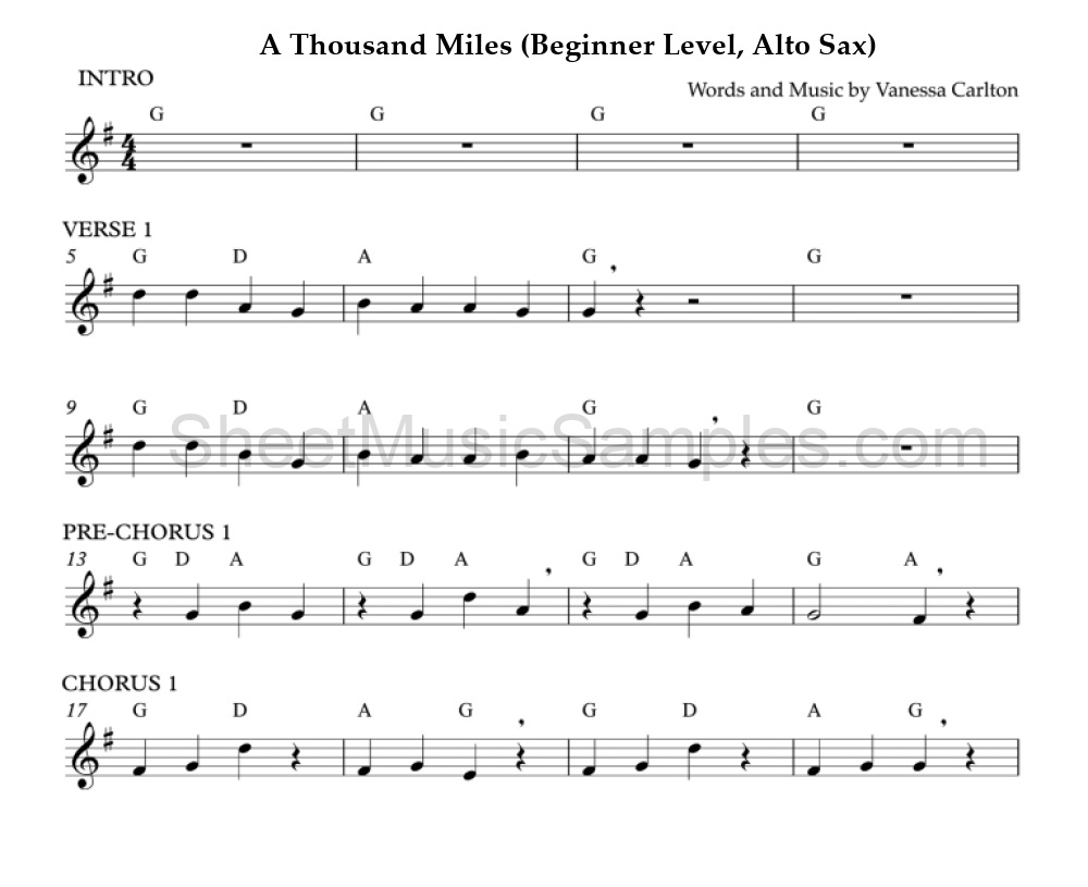 A Thousand Miles (Beginner Level, Alto Sax)