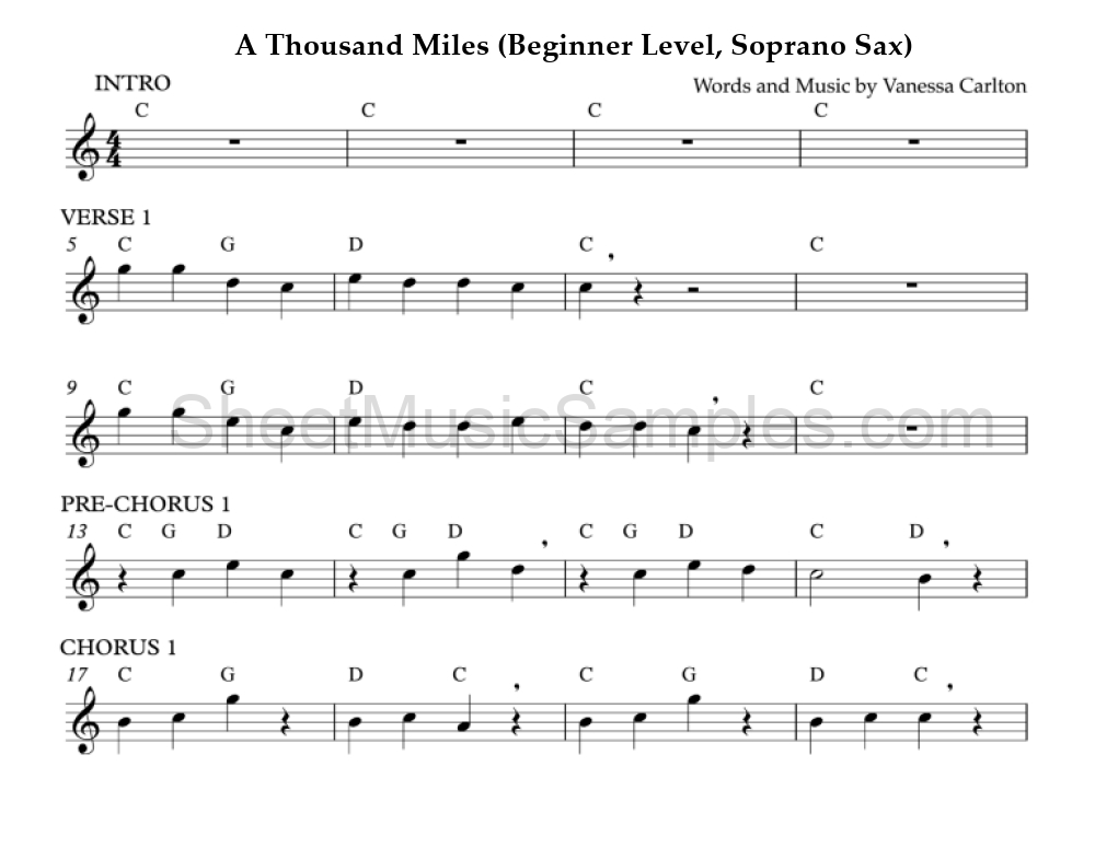 A Thousand Miles (Beginner Level, Soprano Sax)