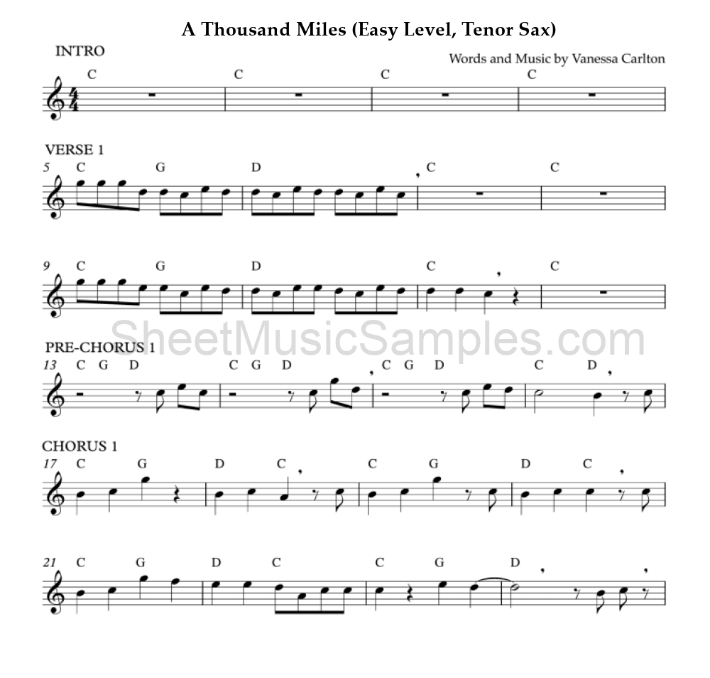 A Thousand Miles (Easy Level, Tenor Sax)