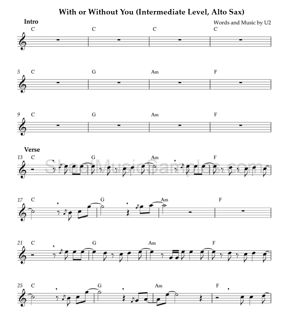 With or Without You (Intermediate Level, Alto Sax)