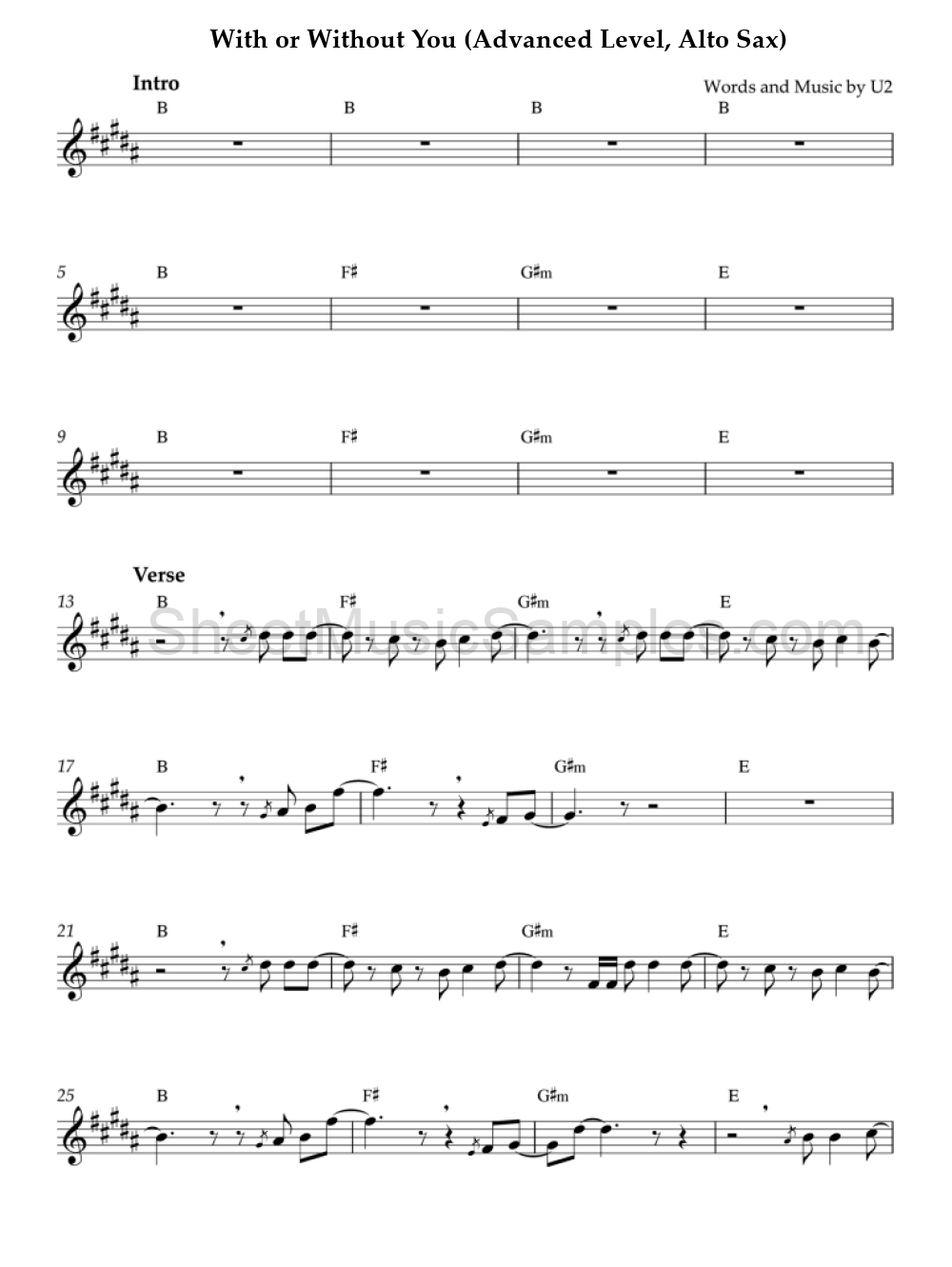 With or Without You (Advanced Level, Alto Sax)