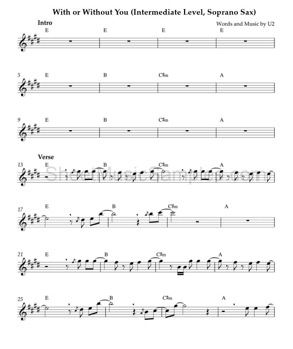 With or Without You (Intermediate Level, Soprano Sax)