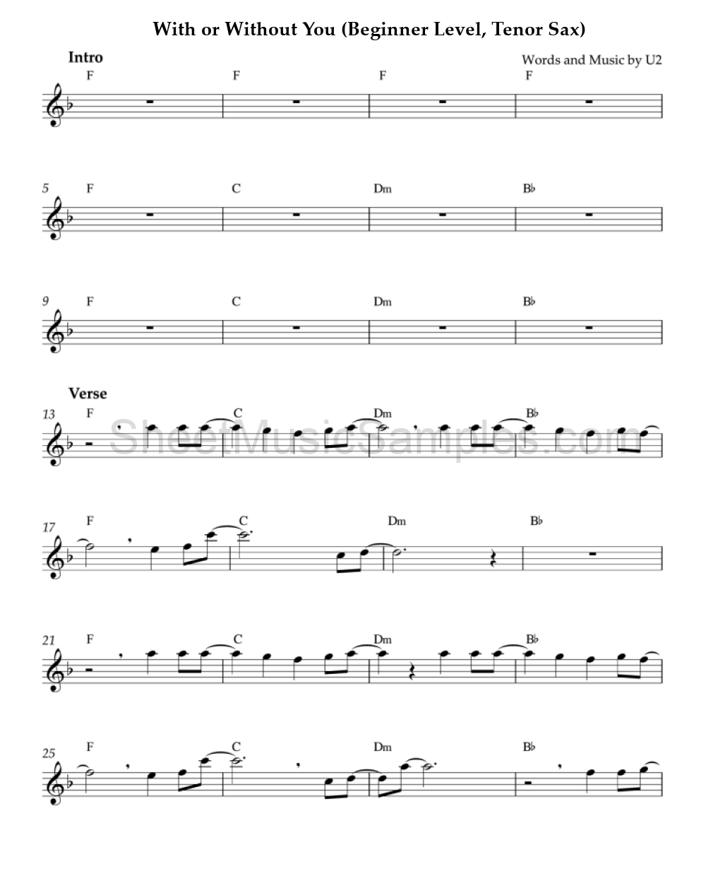 With or Without You (Beginner Level, Tenor Sax)