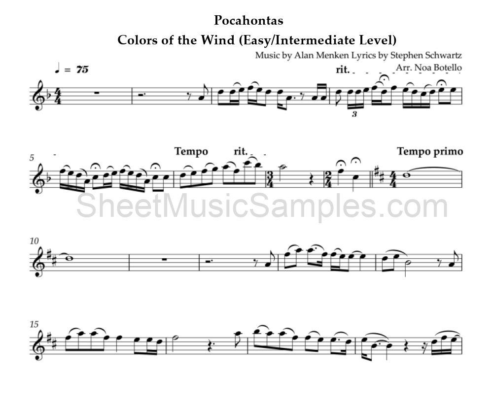 Pocahontas - Colors of the Wind (Easy/Intermediate Level)