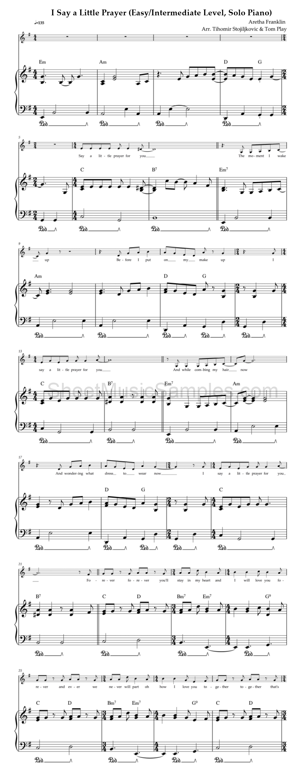 I Say a Little Prayer (Easy/Intermediate Level, Solo Piano)