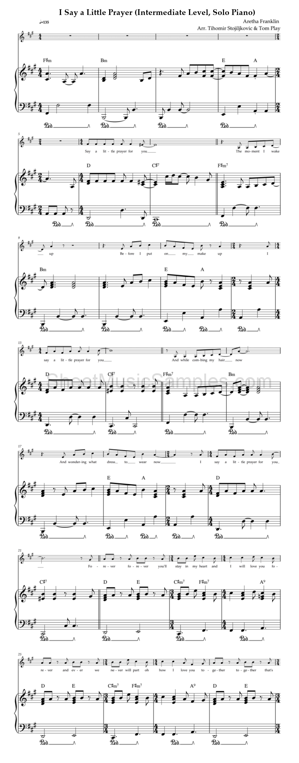 I Say a Little Prayer (Intermediate Level, Solo Piano)