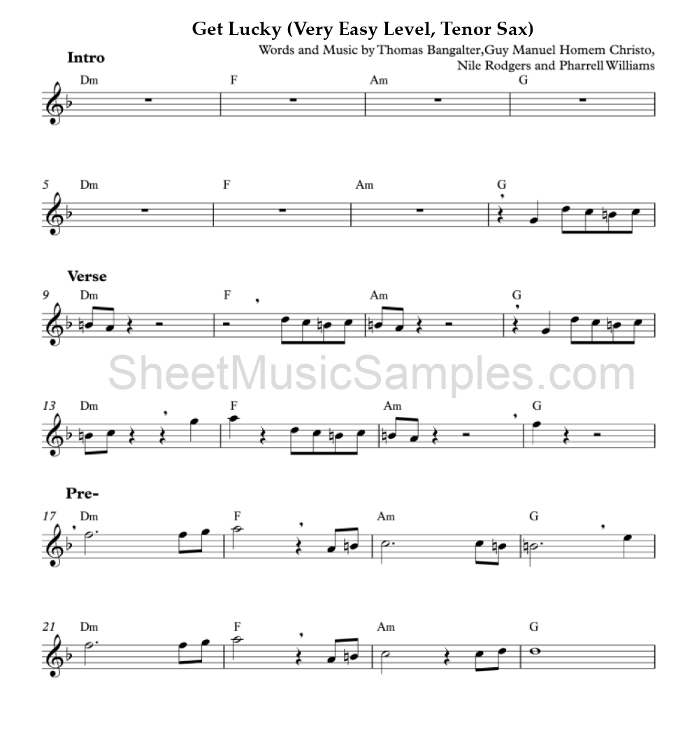 Get Lucky (Very Easy Level, Tenor Sax)