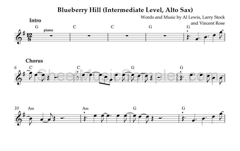 Blueberry Hill (Intermediate Level, Alto Sax)