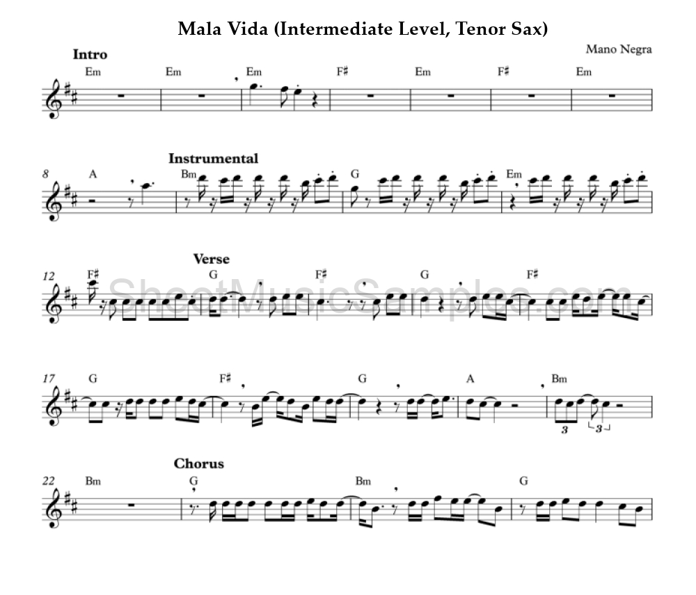 Mala Vida (Intermediate Level, Tenor Sax)