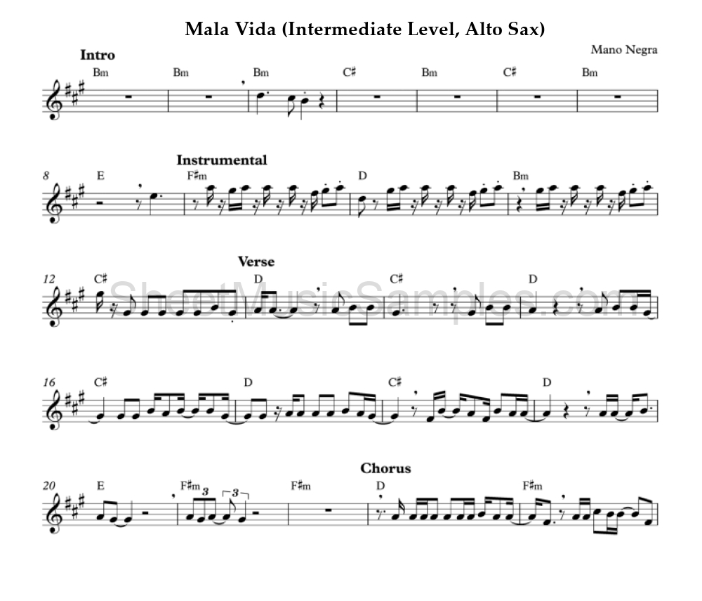 Mala Vida (Intermediate Level, Alto Sax)