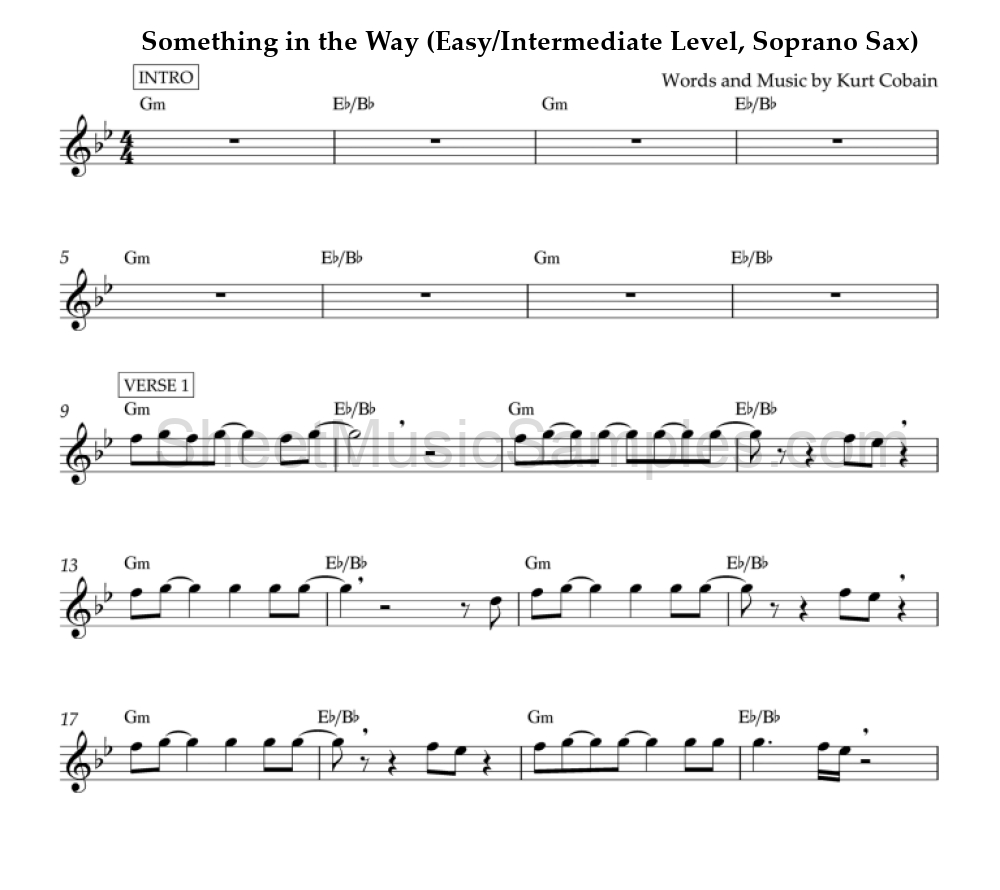 Something in the Way (Easy/Intermediate Level, Soprano Sax)