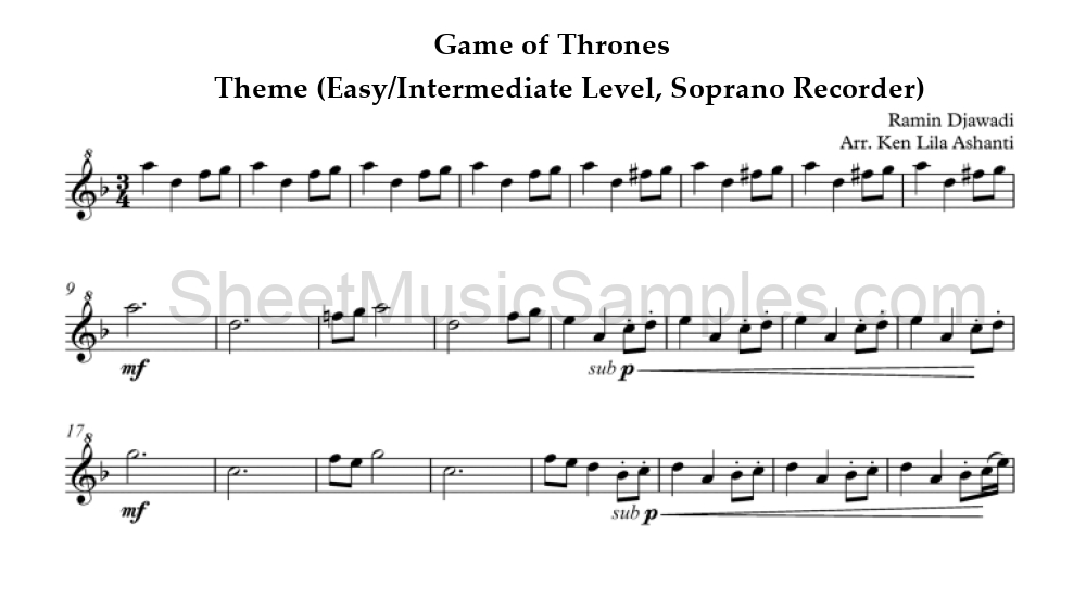 Game of Thrones - Theme (Easy/Intermediate Level, Soprano Recorder)