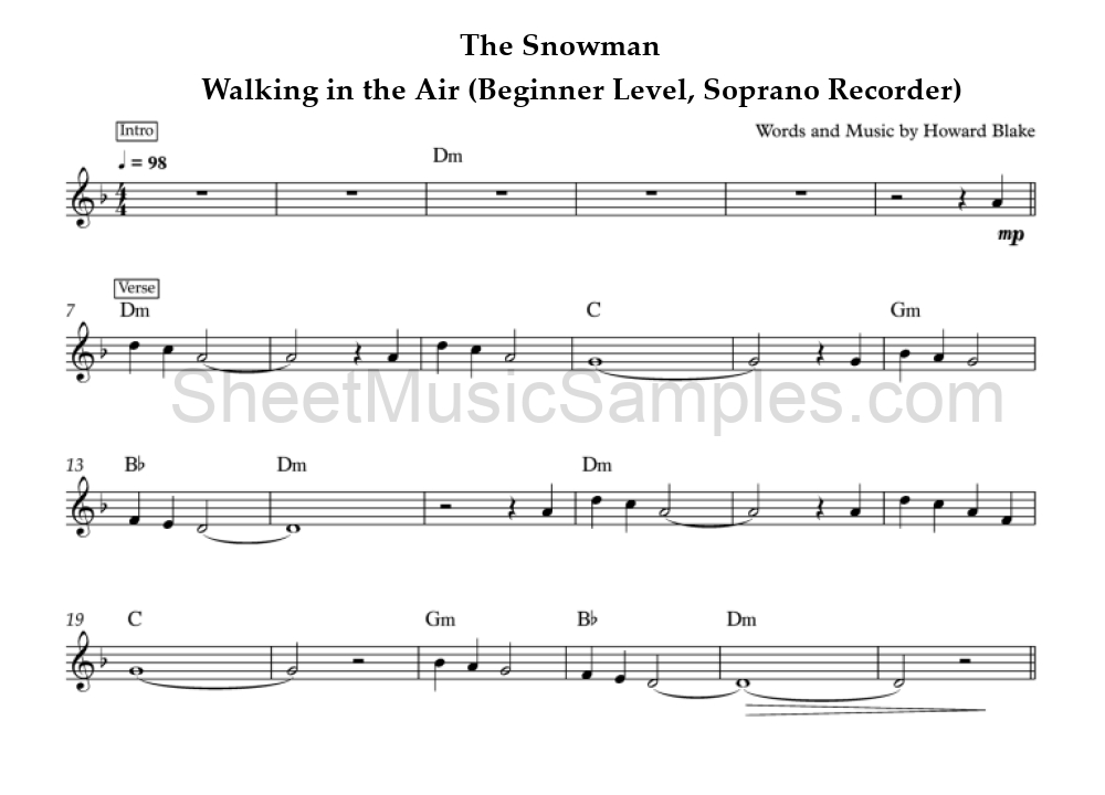 The Snowman - Walking in the Air (Beginner Level, Soprano Recorder)