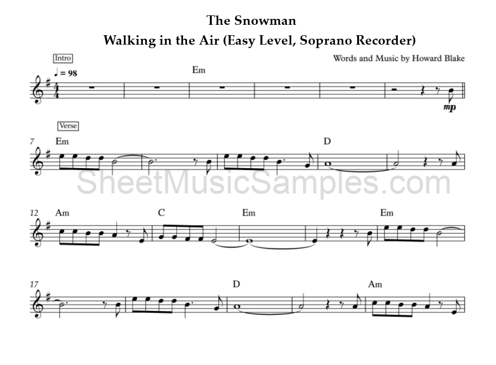 The Snowman - Walking in the Air (Easy Level, Soprano Recorder)