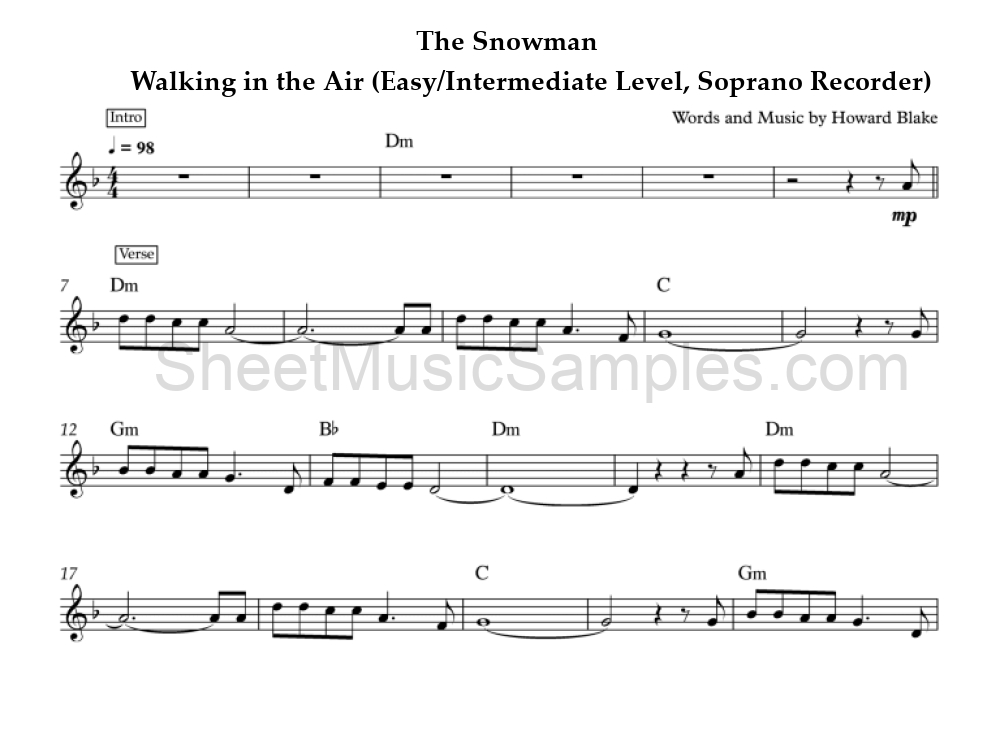 The Snowman - Walking in the Air (Easy/Intermediate Level, Soprano Recorder)