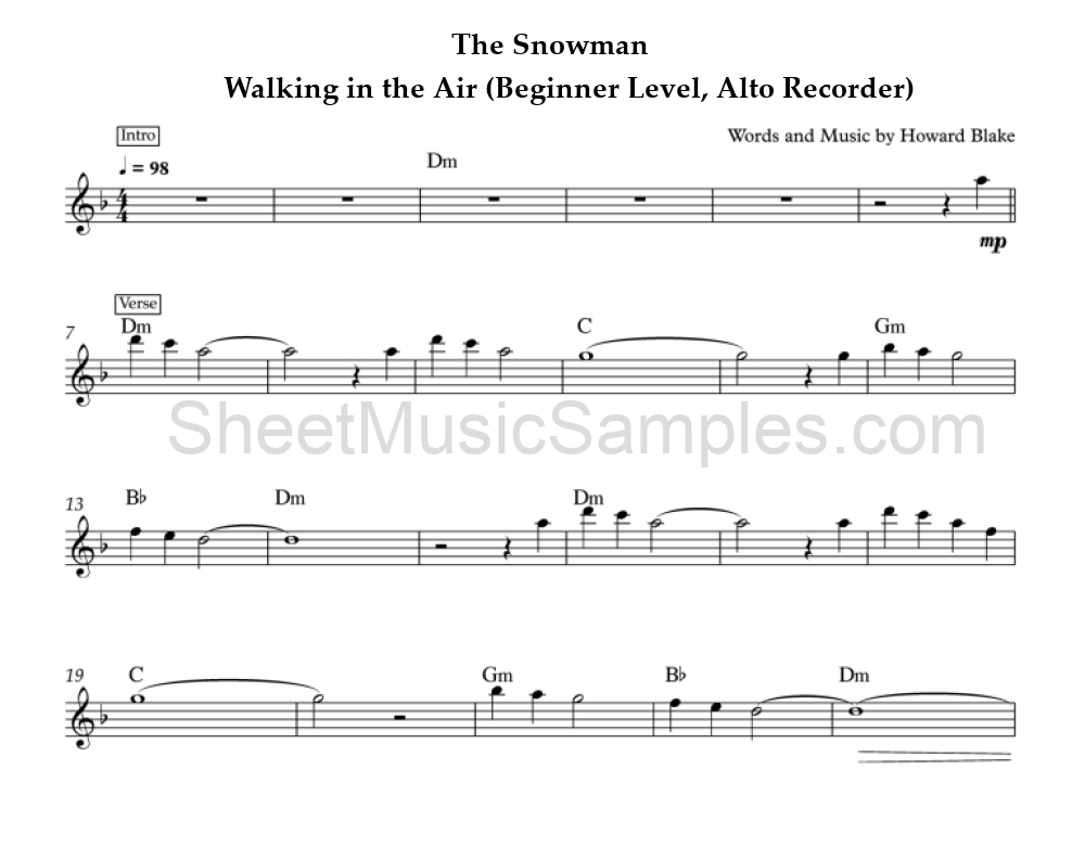 The Snowman - Walking in the Air (Beginner Level, Alto Recorder)