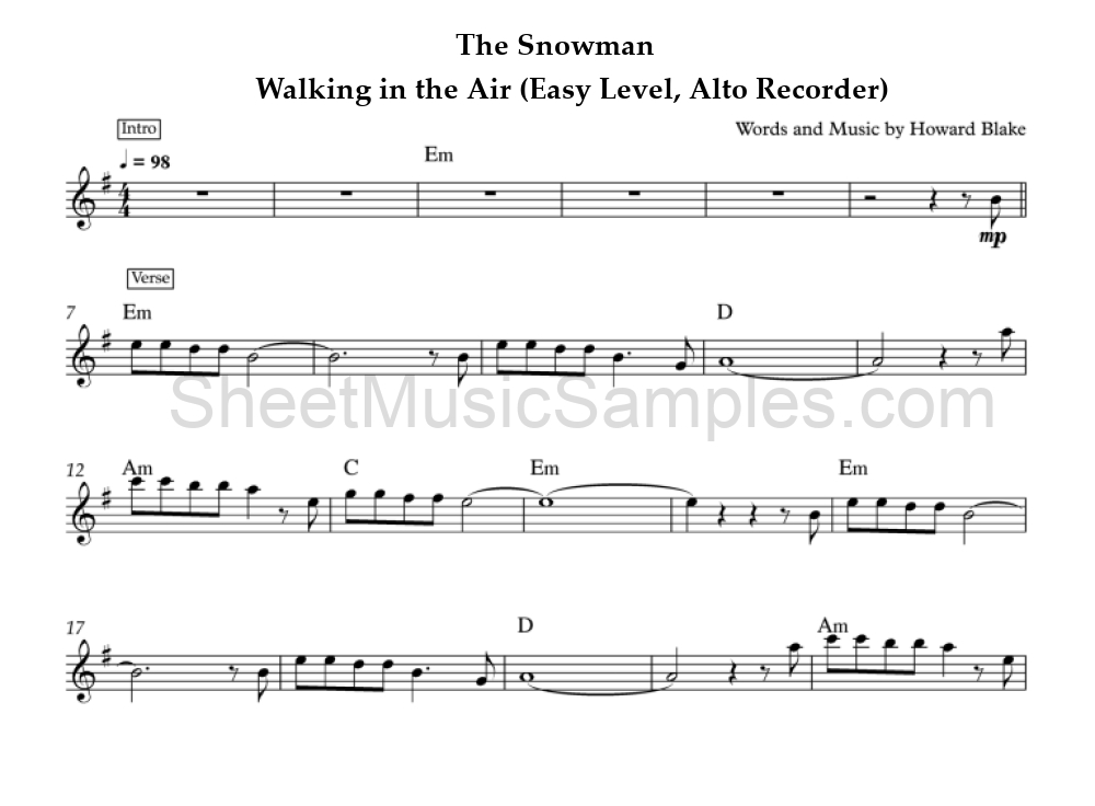 The Snowman - Walking in the Air (Easy Level, Alto Recorder)