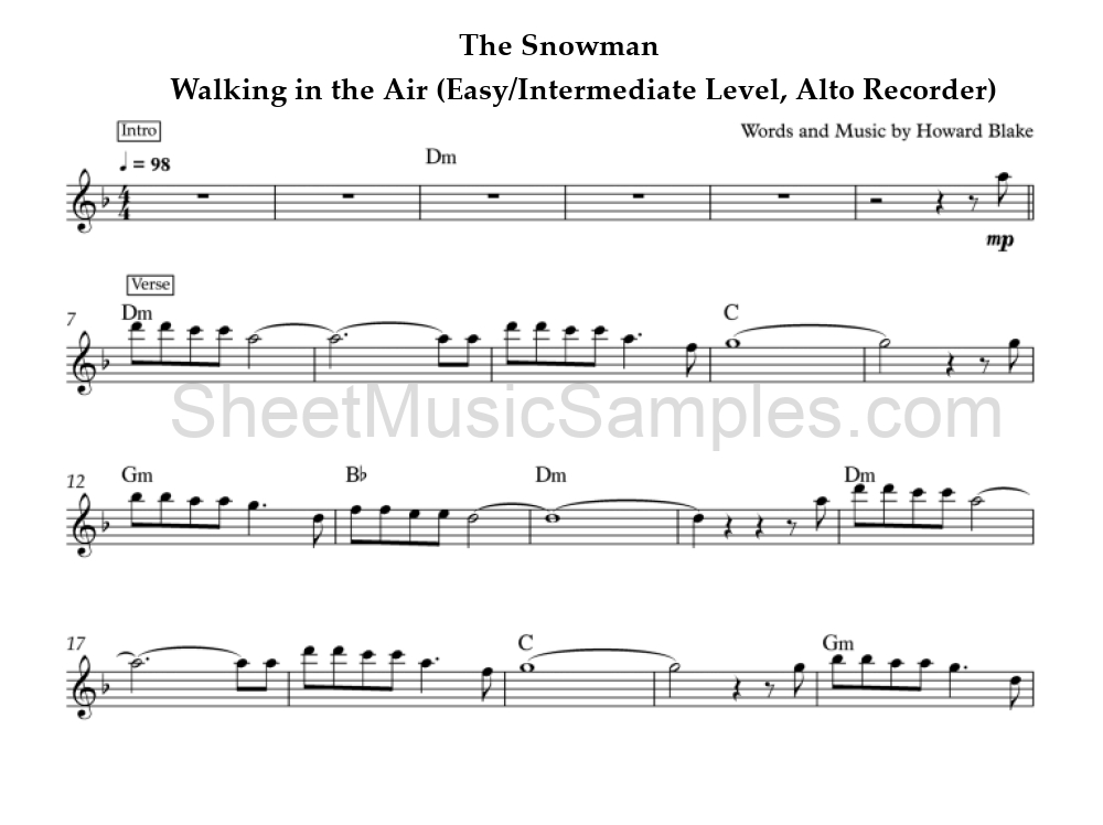 The Snowman - Walking in the Air (Easy/Intermediate Level, Alto Recorder)