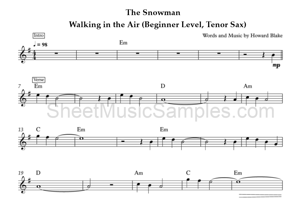 The Snowman - Walking in the Air (Beginner Level, Tenor Sax)