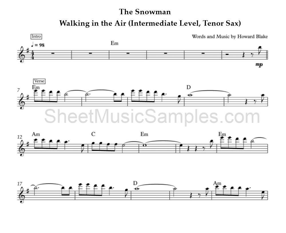 The Snowman - Walking in the Air (Intermediate Level, Tenor Sax)