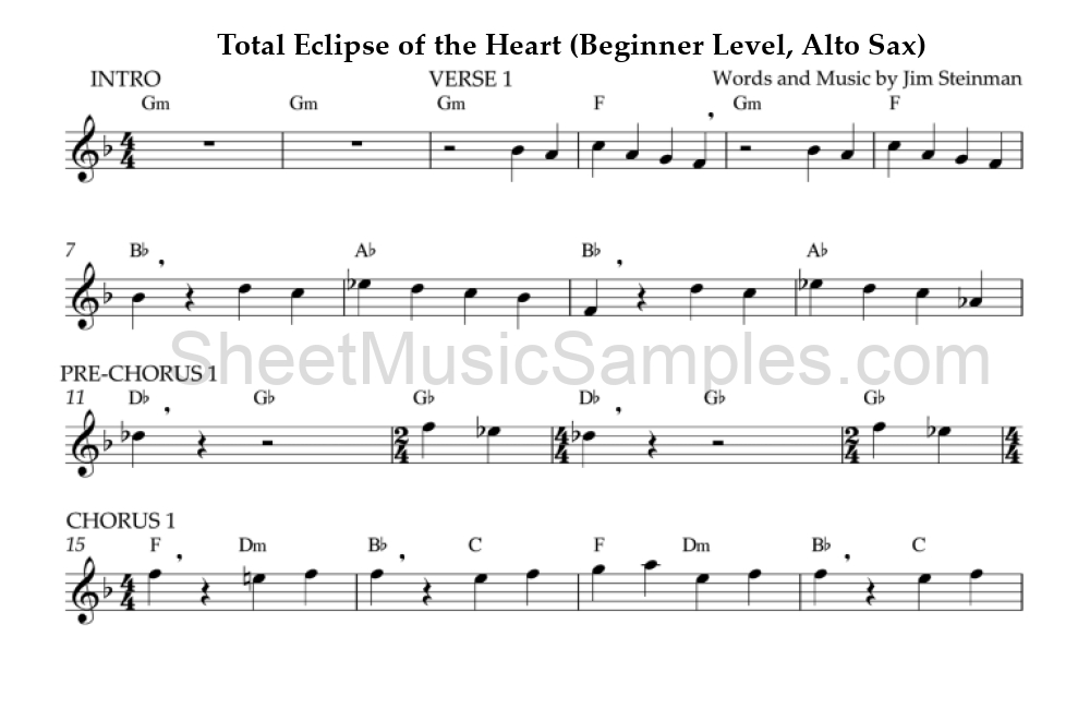 Total Eclipse of the Heart (Beginner Level, Alto Sax)