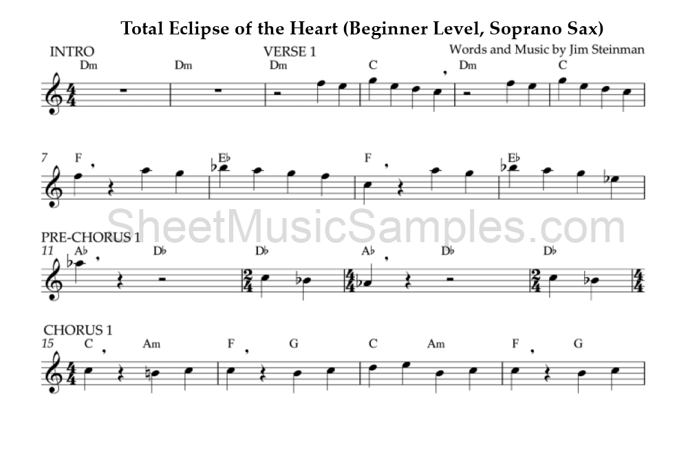 Total Eclipse of the Heart (Beginner Level, Soprano Sax)