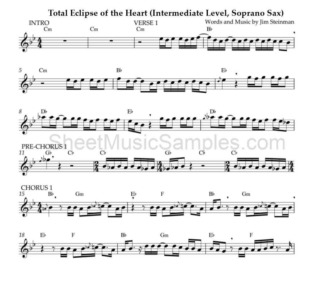 Total Eclipse of the Heart (Intermediate Level, Soprano Sax)