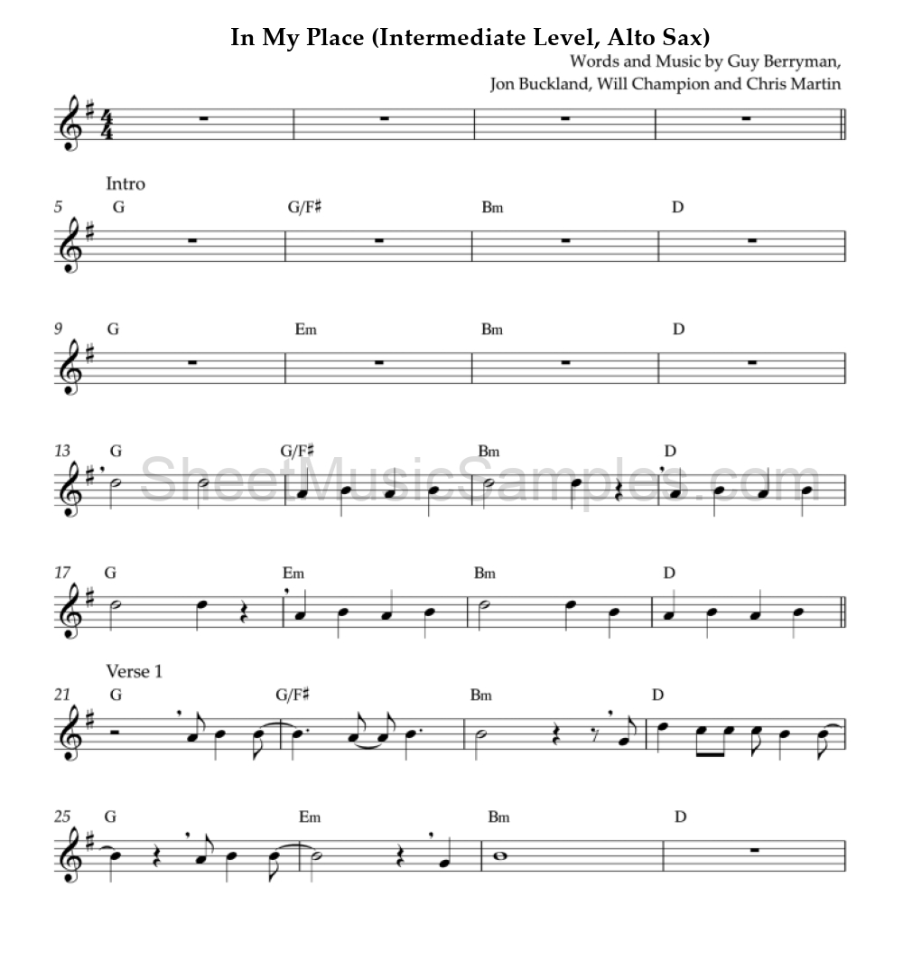 In My Place (Intermediate Level, Alto Sax)