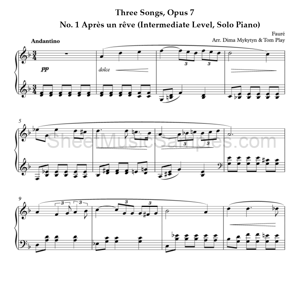 Three Songs, Opus 7 - No. 1 Après un rêve (Intermediate Level, Solo Piano)