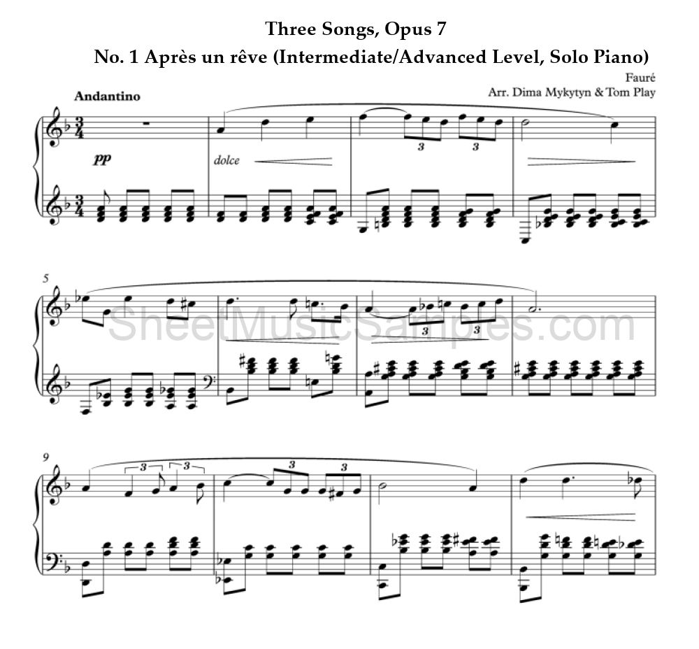 Three Songs, Opus 7 - No. 1 Après un rêve (Intermediate/Advanced Level, Solo Piano)