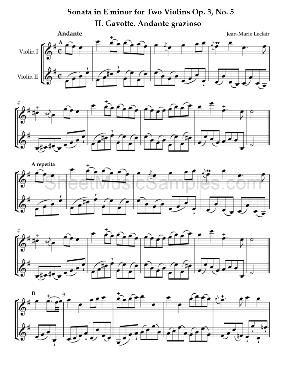 Sonata in E minor for Two Violins Op. 3, No. 5 - II. Gavotte. Andante grazioso