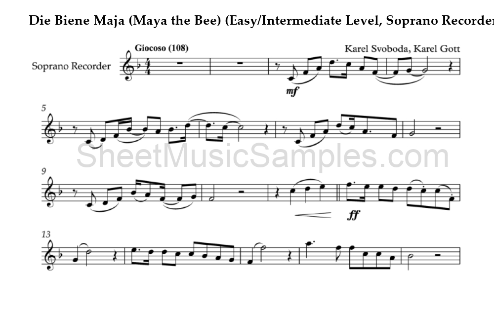 Die Biene Maja (Maya the Bee) (Easy/Intermediate Level, Soprano Recorder)