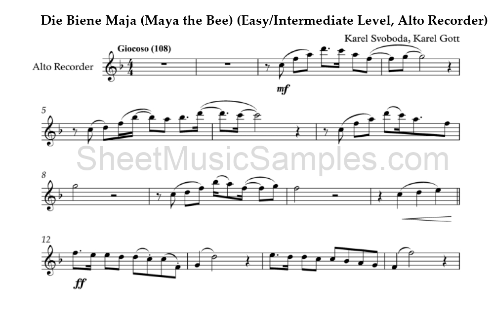 Die Biene Maja (Maya the Bee) (Easy/Intermediate Level, Alto Recorder)