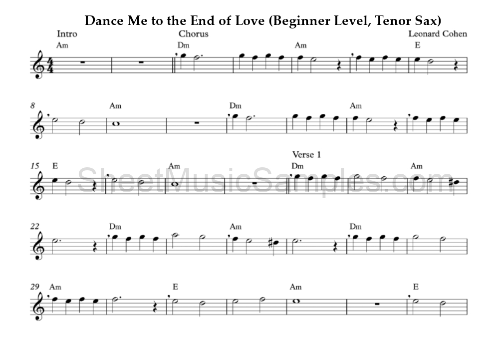 Dance Me to the End of Love (Beginner Level, Tenor Sax)