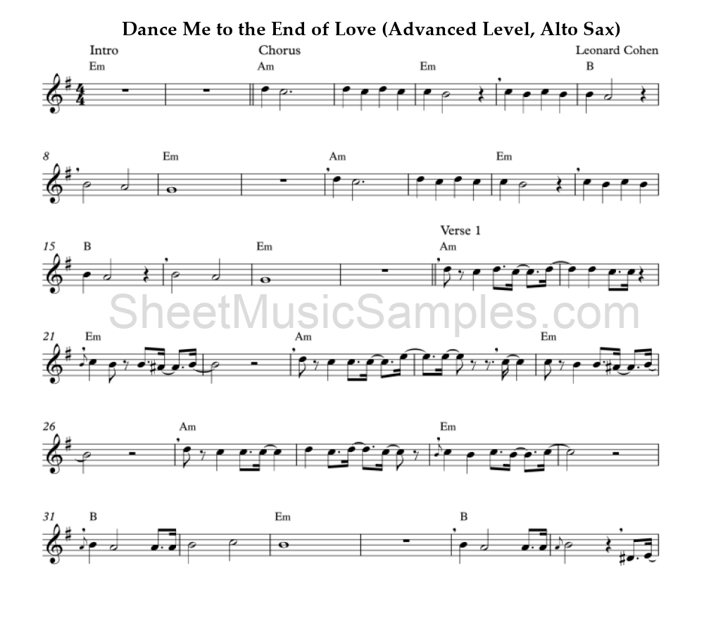 Dance Me to the End of Love (Advanced Level, Alto Sax)