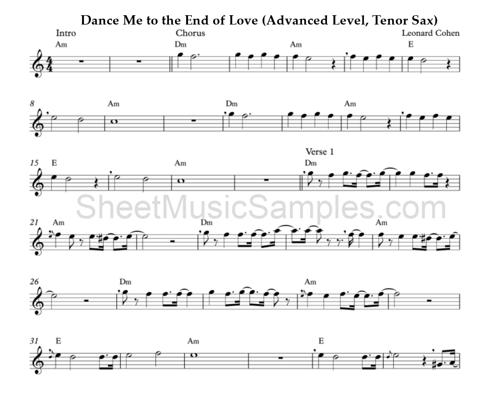 Dance Me to the End of Love (Advanced Level, Tenor Sax)