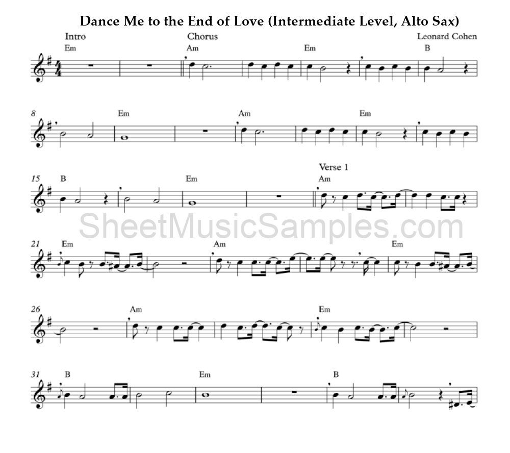 Dance Me to the End of Love (Intermediate Level, Alto Sax)