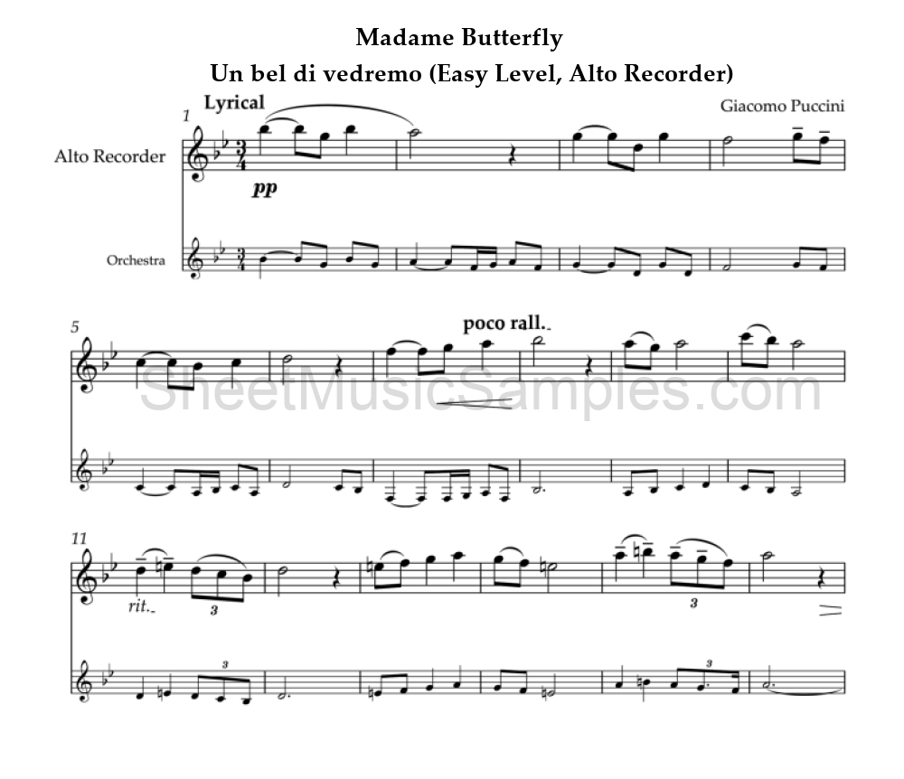 Madame Butterfly - Un bel di vedremo (Easy Level, Alto Recorder)