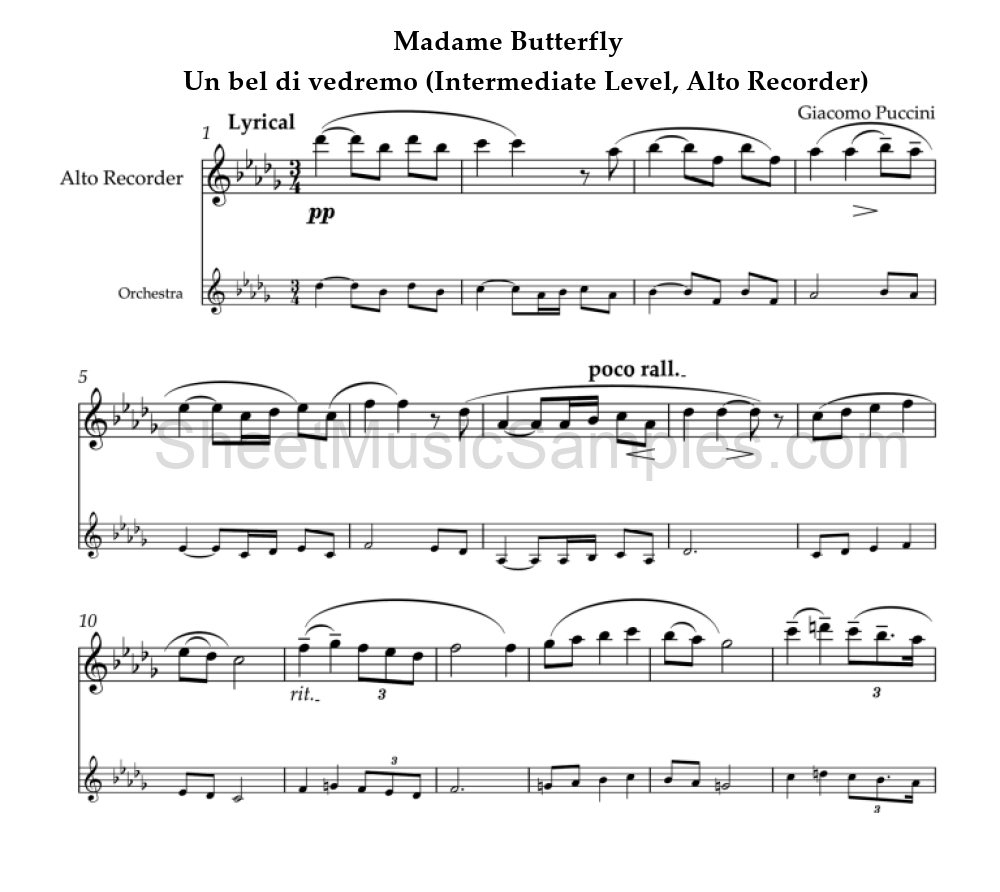 Madame Butterfly - Un bel di vedremo (Intermediate Level, Alto Recorder)