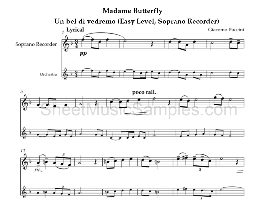 Madame Butterfly - Un bel di vedremo (Easy Level, Soprano Recorder)