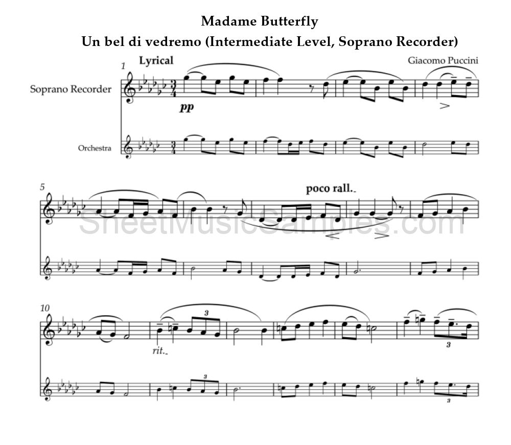 Madame Butterfly - Un bel di vedremo (Intermediate Level, Soprano Recorder)